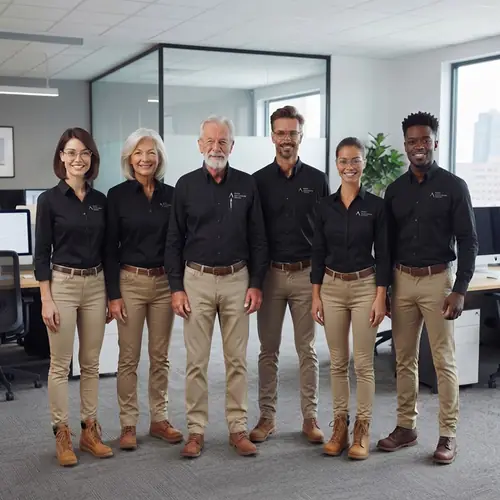Equipo de trabajo de SOTREX, de pie en la oficina con camisas negras de la empresa
