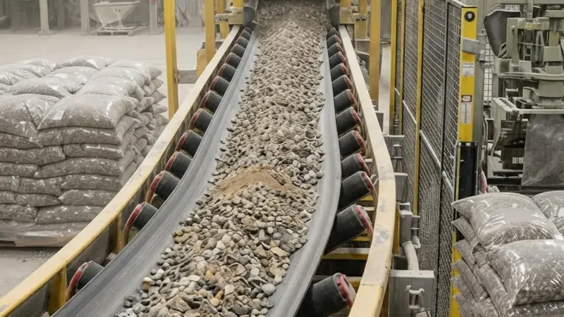 Banda transportadora cargada de piedra triturada en una planta, junto a sacos de agregado