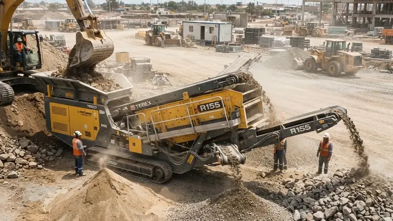 Criba móvil sobre orugas descargando material en una obra, con trabajadores alrededor