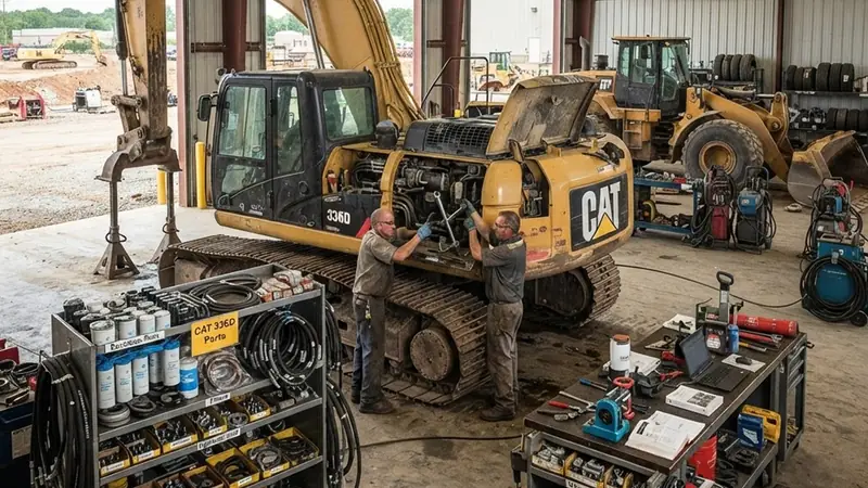 Técnicos reparando una excavadora en un taller con estantes de repuestos